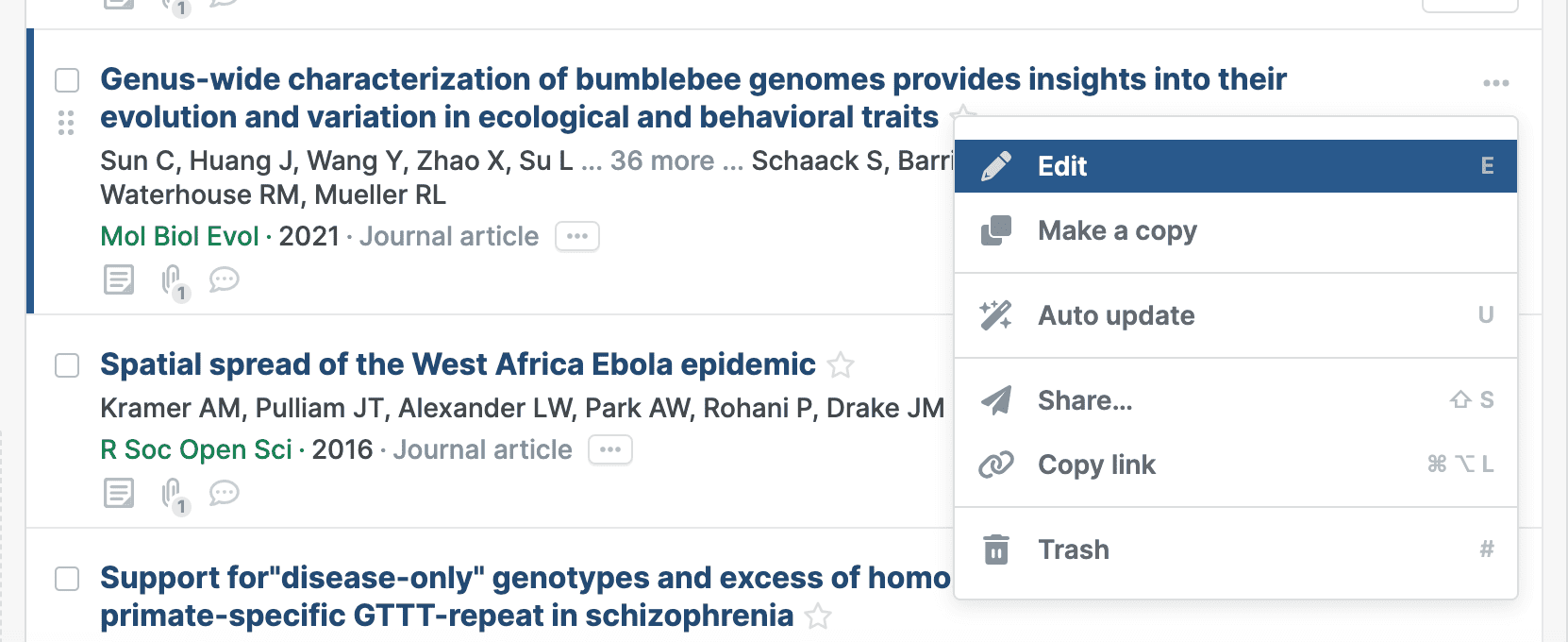 A reference’s three-dot menu open with Edit highlighted, above Make a copy, Auto update, Share, Copy link and Trash, each with its keyboard shortcut.